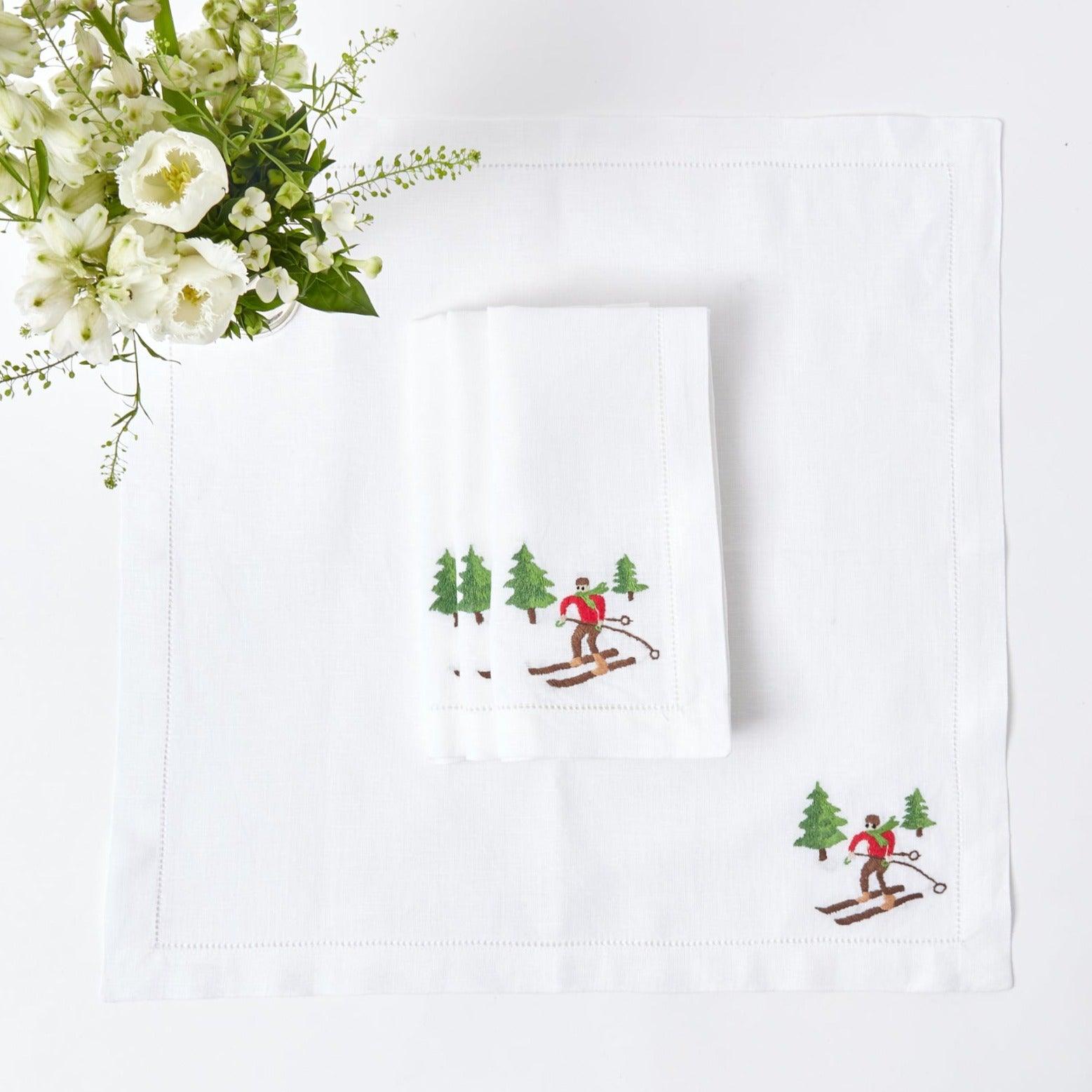 White Embroidered Skier Napkins (Set of 4) - Mrs. Alice