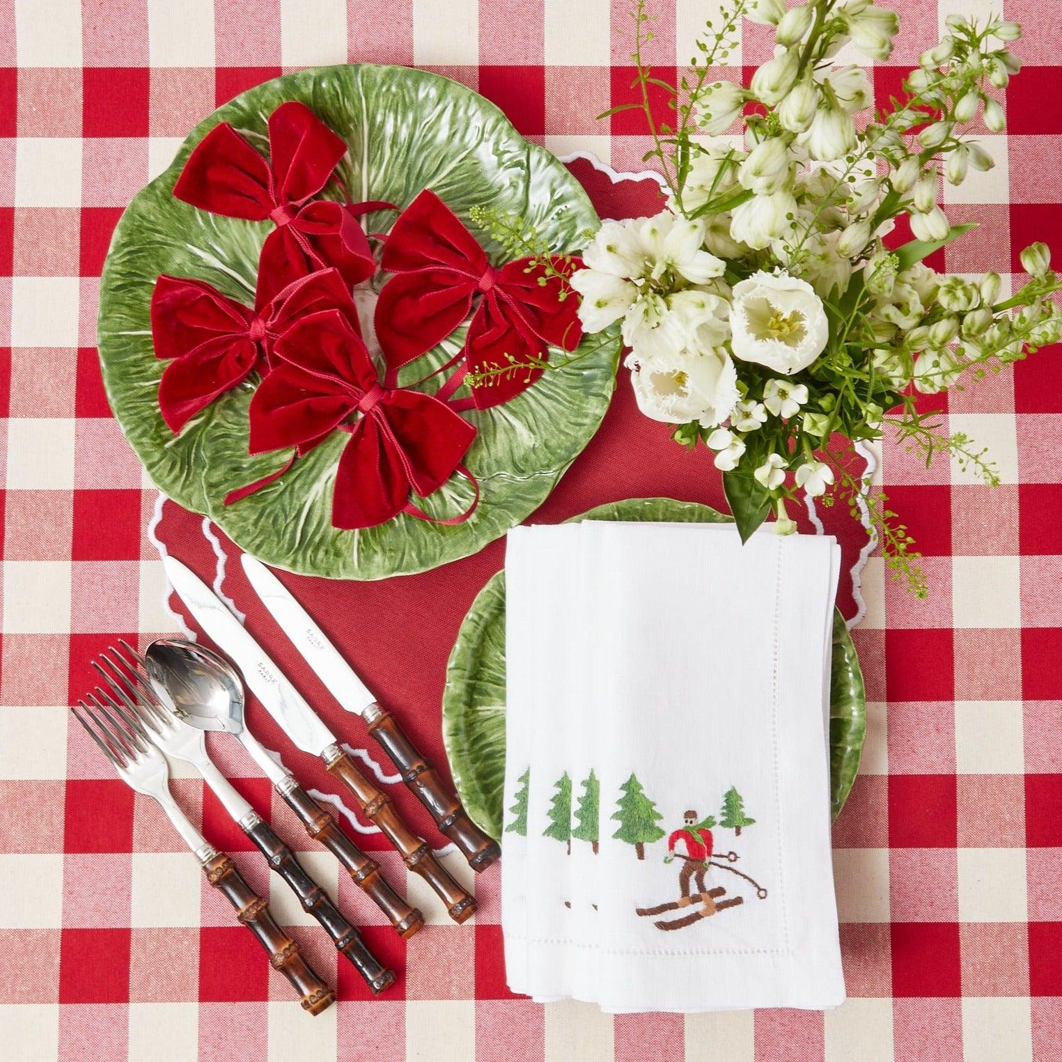 White Embroidered Skier Napkins (Set of 4) - Mrs. Alice